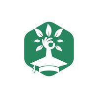 onderwijs verzekering en ondersteuning logo concept. diploma uitreiking pet en hand- boom icoon logo. vector