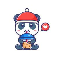 schattig baby panda vervelend rood hoed en drinken een kop van chocola drinken tekenfilm illustratie geïsoleerd geschikt voor sticker, banier, poster, verpakking, kinderen boek omslag. vector