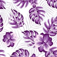 modieus Purper jasmijn bloemen tropisch naadloos patroon met mooi monstra palm bladeren en fabriek gebladerte illustratie Aan wit achtergrond. zomer vector ontwerp voor overhemd kleding of structuur