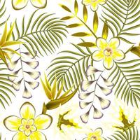 mooi kleur zomer tropisch fabriek naadloos patroon palm bladeren, banaan blad en abstract frangipani, strelitzia bloemen Aan licht achtergrond met helder bloemen tekening. modieus prints structuur vector