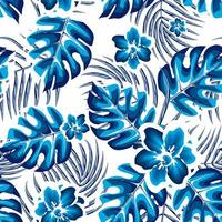 modern abstract tropisch naadloos patroon met monstera palm bladeren en bloemen planten gebladerte in blauw kleur monochromatisch. vector ontwerp. modieus kleding stof textuur. exotisch tropen. zomer ontwerp