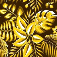 licht schijnend geel monochromatisch tropisch monstera palm bladeren planten en gebladerte Aan nacht achtergrond. modieus prints textuur. oerwoud behang. exotisch tropen. zomer themed ontwerp. decoratief vector