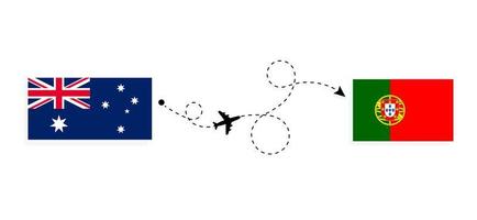 vlucht en reis van australië naar portugal per reisconcept voor passagiersvliegtuigen vector