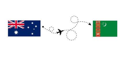 vlucht en reis van Australië naar Turkmenistan per reisconcept voor passagiersvliegtuigen vector