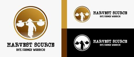 rijst- boer logo ontwerp sjabloon of persoon draag- rijst- met silhouet in cirkel. premie vector logo illustratie