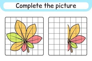 maak het plaatje compleet met bladkastanje. kopieer de afbeelding en kleur. maak het beeld af. kleurboek. educatief tekenoefenspel voor kinderen vector