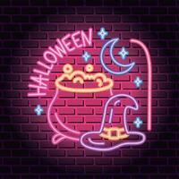 halloween neon lichten met ketel vector