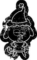 cartoon noodlijdende icoon van een verveelde hond met een kerstmuts vector