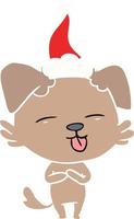 egale kleurenillustratie van een hond die zijn tong uitsteekt en een kerstmuts draagt vector