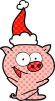 vrolijk zittend varken grappig boek stijl illustratie van een vervelend de kerstman hoed vector