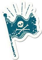versleten oud sticker van een tatoeëren stijl golvend piraat vlag vector