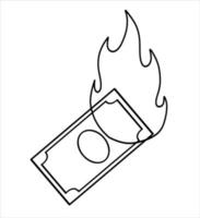 brandende dollar. schets geld in brand. mislukte zakelijke en economische crisis. verlies en inflatie. doodle cartoon illustratie vector