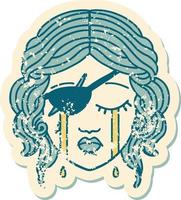 grunge sticker van een huilen menselijk schurk karakter vector