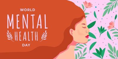 wereld mentaal Gezondheid dag horizontaal banier met een vrouw en bloemen vector