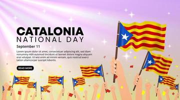 Catalonië nationaal dag achtergrond met golvend vlaggen en verheven handen vector