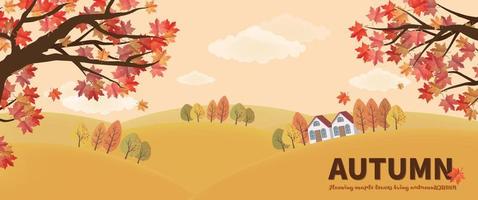 herfst banier met rood esdoorns en heuvel hut vector