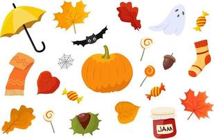 herfst knus pictogrammen set. vallen seizoen. halloween decoraties. herfst bladeren en voorwerpen voor decoratie. vector illustratie