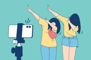 illustraties van twee mooi influencer meisje gelukkig opname dansen video met smartphone voor uitdaging vector