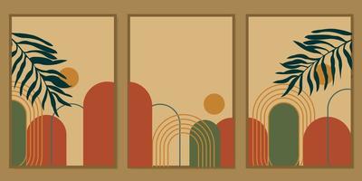 reeks van meetkundig muur decor ontwerpen met silhouet palm blad patroon. esthetisch achtergrond vector