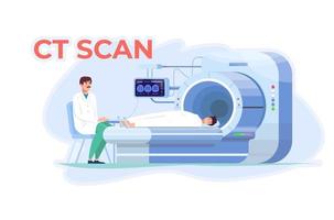 ct scannen. berekend tomografie scannen. dokter is draag- uit ct scannen. geduldig is houdende Aan de ct apparaat. kliniek. medisch apparatuur. mijnheer. vector