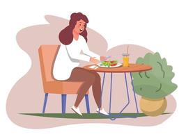 vrouw aan het eten salade. gezond aan het eten. gezond voedsel. eetpatroon. vegetarisch. levensstijl. vector