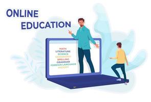 online onderwijs concept. reusachtig laptop met een lijst van school- onderwerpen. jongen is binnengaan online school. leraar en leerling, leerling. online docent. vector