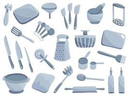 sets van keuken gereedschap spade, mes, spatel, snijdend bord, stamper, koker, rasp, rollend pin, lepels, kopjes. keukengerei verzameling. vector