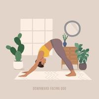 neerwaartse geconfronteerd hond yoga houding. jong vrouw beoefenen yoga houding. vector