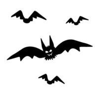 vector halloween zwart vleermuizen getrokken in tekenfilm vlak stijl silhouet. grappig, schattig illustratie voor seizoensgebonden ontwerp, textiel, decoratie kinderen speelkamer of groet kaart. hand- getrokken prints en tekening.