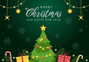 vrolijk Kerstmis en gelukkig nieuw jaar sjabloon hand- getrokken tekenfilm vlak achtergrond illustratie met sneeuwvlokken, bellen, boom, geschenk en decoraties ontwerp vector