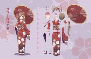 anime manga meisje tekenfilm tekens voor animatie, beweging ontwerp uitrusting. onderdelen van lichaam. meisje of geisha vervelend Japans kimono staand met paraplu vector