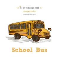 hand- getrokken geel school- bus symbool geïsoleerd Aan wit achtergrond. met tekst school- bus. wijnoogst achtergrond. mooi zo idee voor schoolbord ontwerp vector