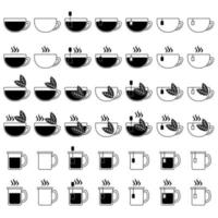 thee of koffie kop pictogrammen set, heet drinken silhouet verschillend opties gemakkelijk illustraties vector