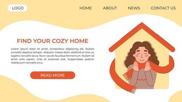 gelukkig meisje in een sjaal Aan de achtergrond van haar huis. knus huis concept vector illustratie. landen bladzijde of website sjabloon