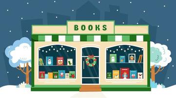 boek winkel venster met Kerstmis decoratie. Kerstmis winkel. boeken Aan de winkel venster. boek winkel voorkant. vector illustratie in vlak stijl.