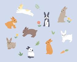 schattig konijnen van divers kleuren en patronen zijn rennen in de omgeving van de bloem tuin. vlak ontwerp stijl vector illustratie.
