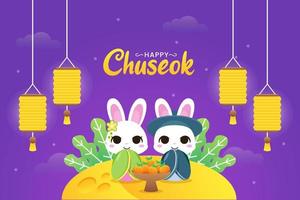 illustratie van gelukkig chuseok met paar schattig konijn zittend in de maan met lantaarns en sinaasappels vector