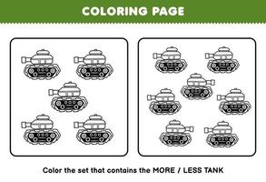 onderwijs spel voor kinderen kleur bladzijde meer of minder afbeelding van schattig tekenfilm tank lijn kunst reeks afdrukbare vervoer werkblad vector