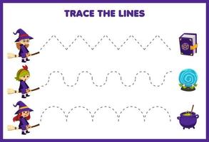 onderwijs spel voor kinderen handschrift praktijk spoor de lijnen met schattig tekenfilm spellen boek magie boek ketel en heks kostuum afbeelding halloween afdrukbare werkblad vector