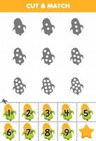 leerzaam spel voor kinderen tellen de dots Aan elk silhouet en bij elkaar passen hen met de correct genummerd maïs groenten afdrukbare werkblad vector
