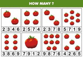 onderwijs spel voor kinderen tellen hoe veel voorwerpen in elk tafel van schattig tekenfilm tomaat groente afdrukbare werkblad vector