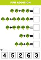 onderwijs spel voor kinderen pret toevoeging door besnoeiing en bij elkaar passen correct aantal voor tekenfilm broccoli groente afdrukbare werkblad vector