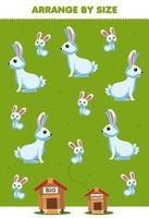 onderwijs spel voor kinderen regelen door grootte groot of klein zetten het in de hok van schattig tekenfilm konijn afdrukbare boerderij werkblad vector