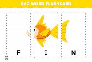 onderwijs spel voor kinderen aan het leren medeklinker klinker medeklinker woord met schattig tekenfilm vis vin illustratie afdrukbare geheugenkaart vector