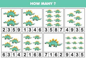 onderwijs spel voor kinderen tellen hoe veel voorwerpen in elk tafel van schattig tekenfilm prehistorisch dinosaurus stegosaurus afdrukbare werkblad vector