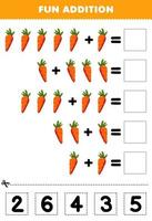 onderwijs spel voor kinderen pret toevoeging door besnoeiing en bij elkaar passen correct aantal voor tekenfilm wortel groente afdrukbare werkblad vector