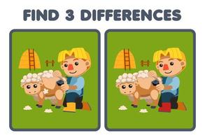 onderwijs spel voor kinderen vind drie verschillen tussen twee schattig tekenfilm boer scharen schapen boerderij afdrukbare werkblad vector