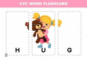 onderwijs spel voor kinderen aan het leren medeklinker klinker medeklinker woord met schattig tekenfilm meisje knuffel teddy beer pop illustratie afdrukbare geheugenkaart vector