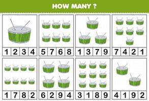 onderwijs spel voor kinderen tellen hoe veel voorwerpen in elk tafel van tekenfilm muziek- instrument trommel afdrukbare werkblad vector