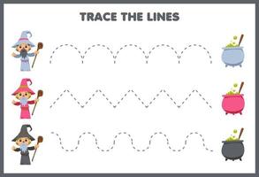 onderwijs spel voor kinderen handschrift praktijk spoor de lijnen met schattig tekenfilm ketel en tovenaar kostuum afbeelding halloween afdrukbare werkblad vector